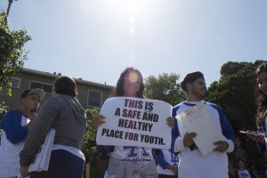Youth Justice L.A. gathered outside the library Monday to demonstrate. This is the group’s second attempt to push the government to reopen the library as a youth center. According to the group, 40 police officers showed up to their previous protest at the library in 2011.
